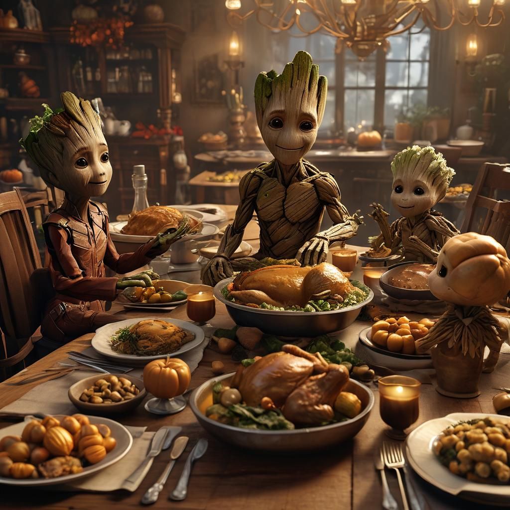 Groot at Thanksgiving dinner. (Groot's daughter is wearing a...