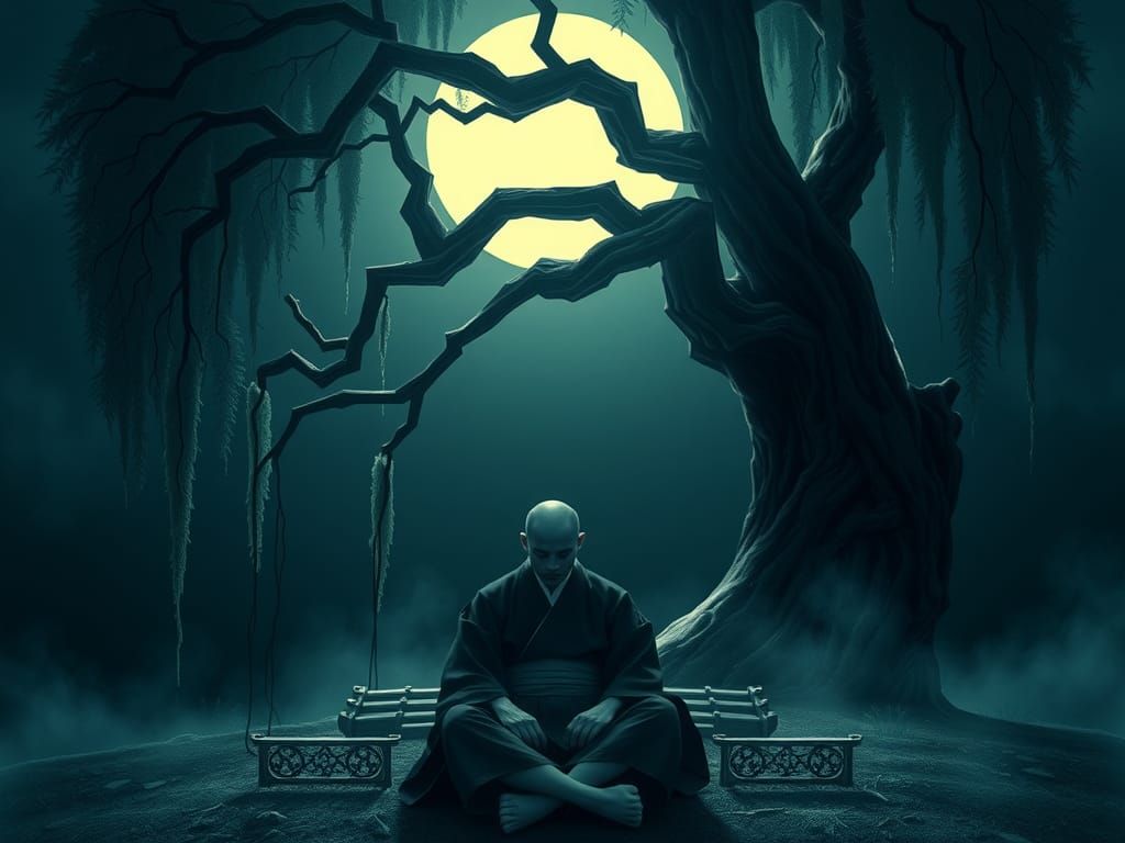 Ethereal Figure in Aokigahara Forest: Art Nouveau Style