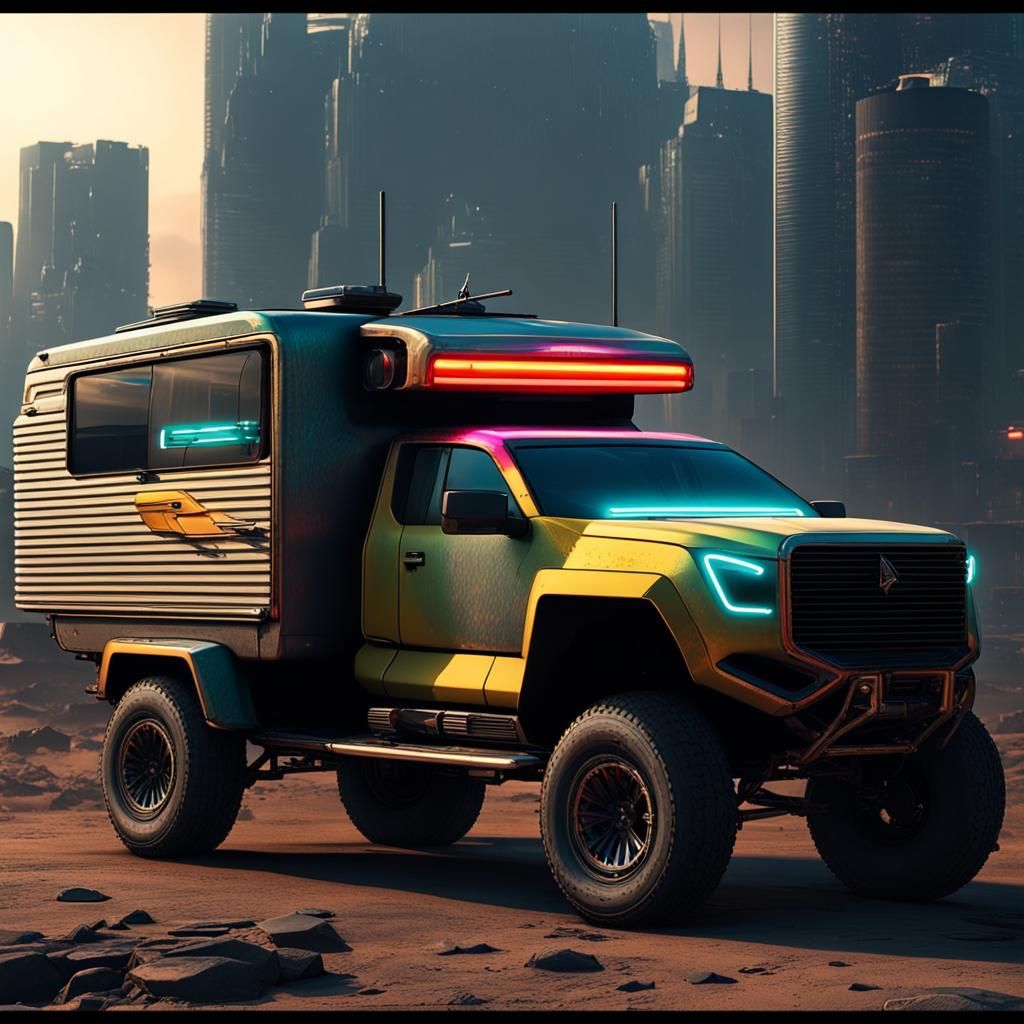 Cyberpunk RV Conversion in Neon Cityscape