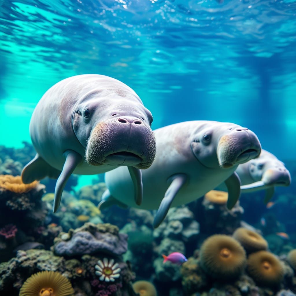 Dugongs in a Vibrant Aquarium, Professional Photography