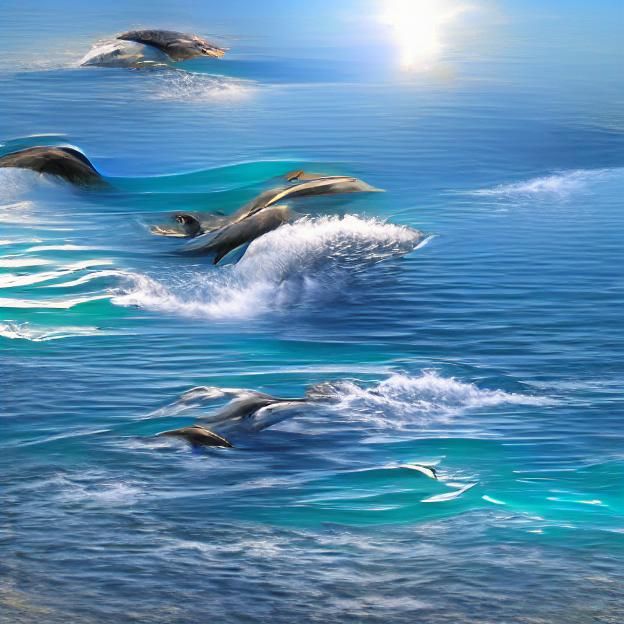 Dolphins Catching Waves in Ocean