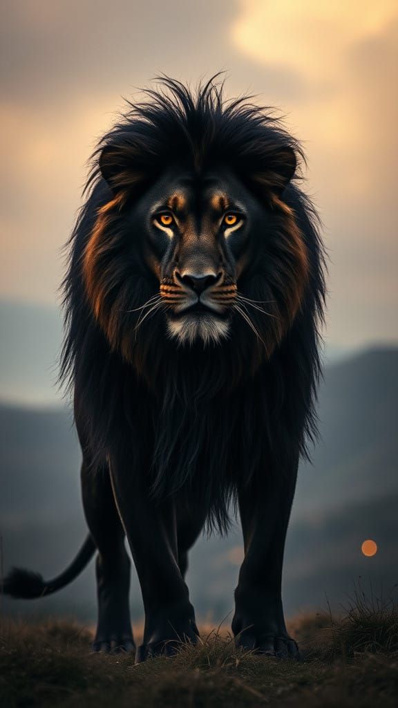 Regal Black Lion in Ethereal Misty Landscape