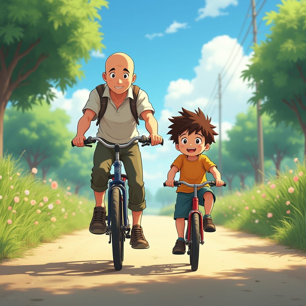 Father Teaches Son to Ride Bike in Anime Style