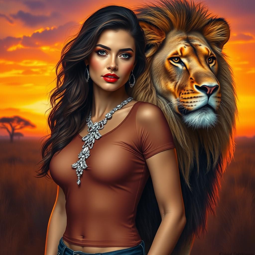 Sensual Model and Lion in Hyper-Realistic Style