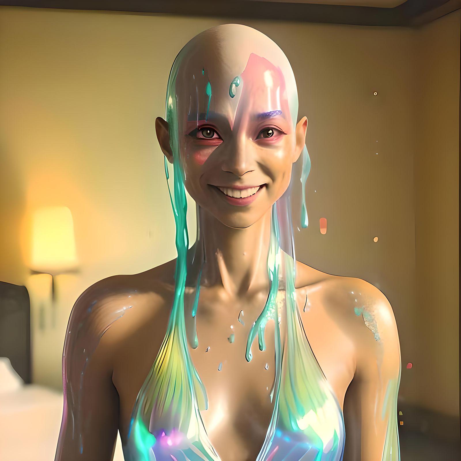 Iridescent Humanoid with Tentacles in Hotel Room
