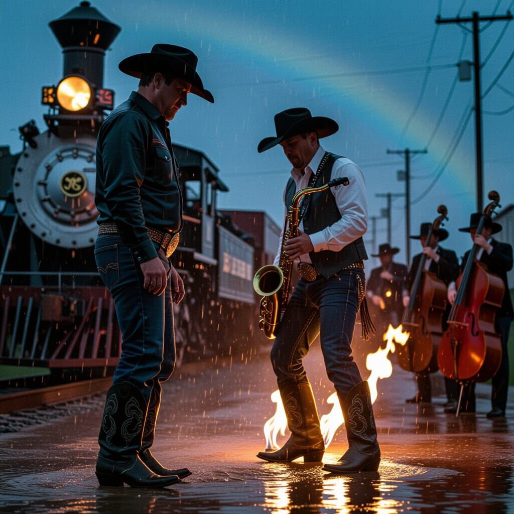 Cowboy's Spiritual Transformation in Fiery Oil Painting