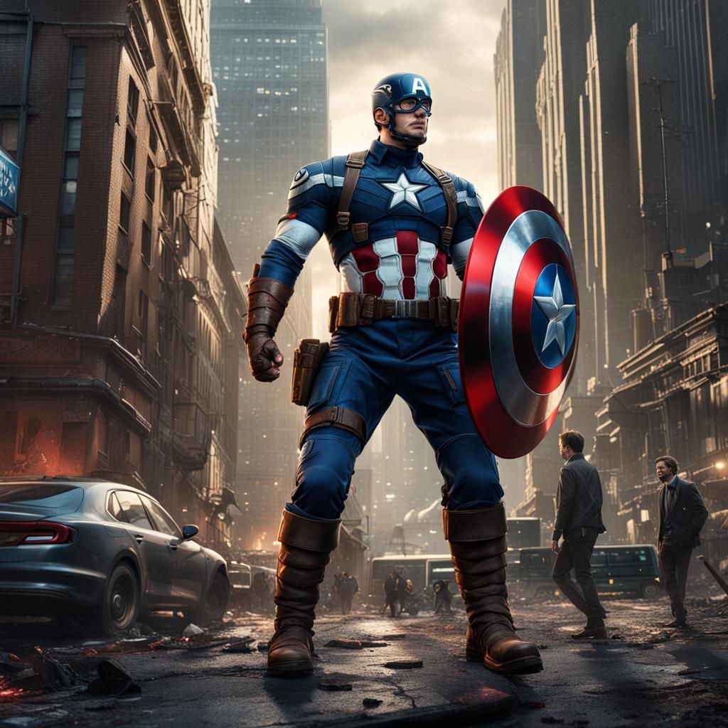 Captain America Rescuing Citizen: Detailed Matte Painting