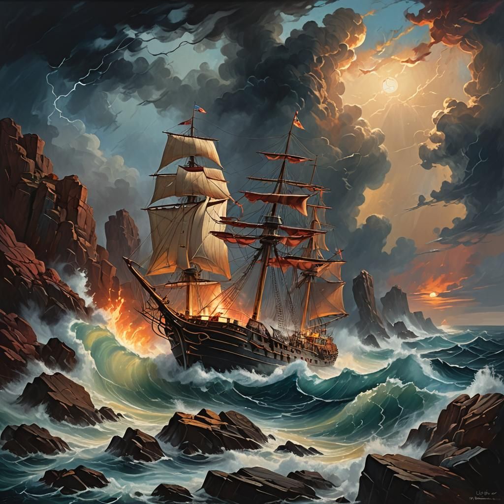 Brigantine Ship Wrecked in Stormy Seas: Seascape Painting