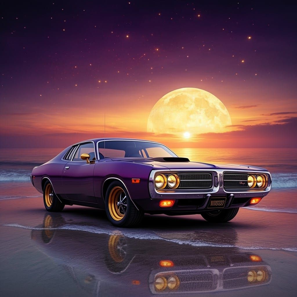 1975 Dodge Charger on Beach in Alphonse Mucha Style