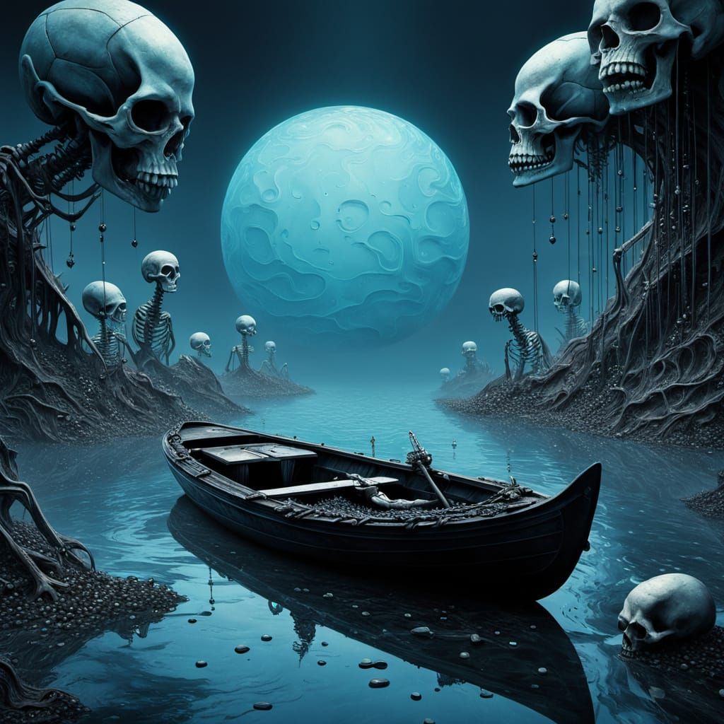 Dark Fantasy Skeletons on a Beaded Sea in Giger Style