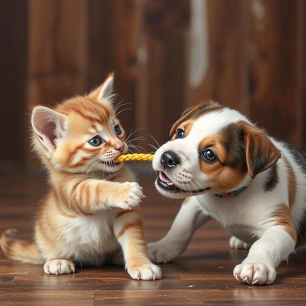 Adorable Kitten and Puppy Tug-of-War