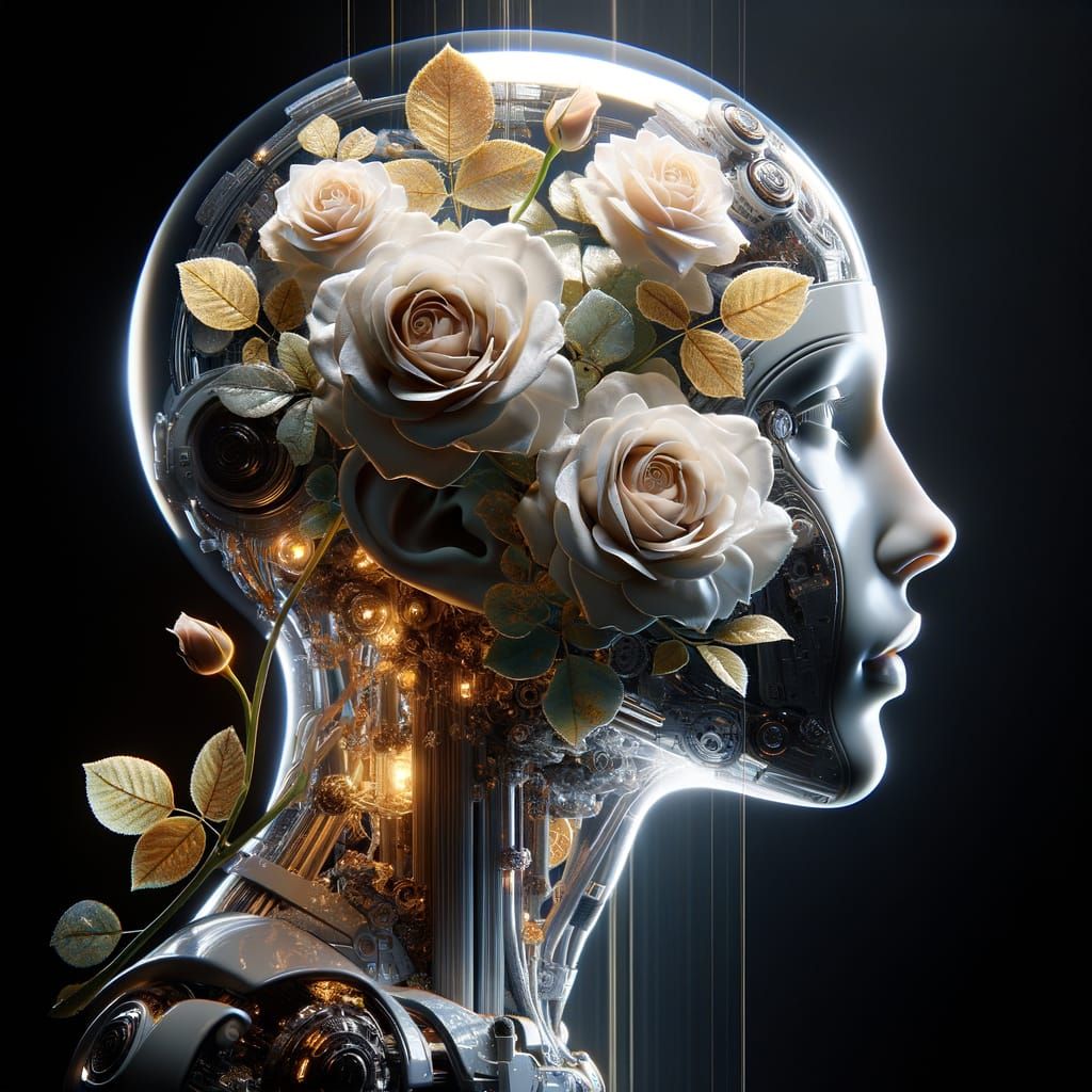 Cyberpunk Glass Head with Roses Digital Art