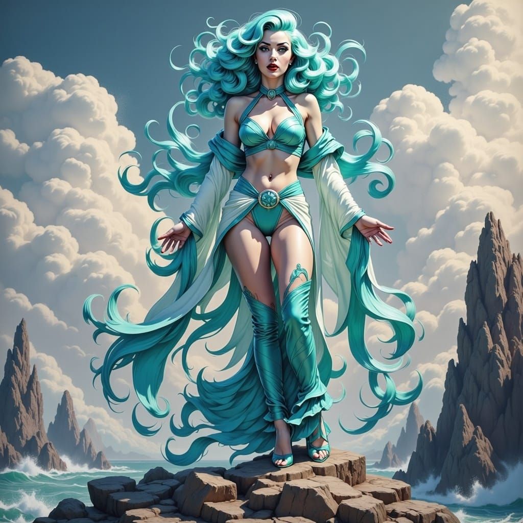 Aquarius Mage on Windswept Cliff in Anime Style