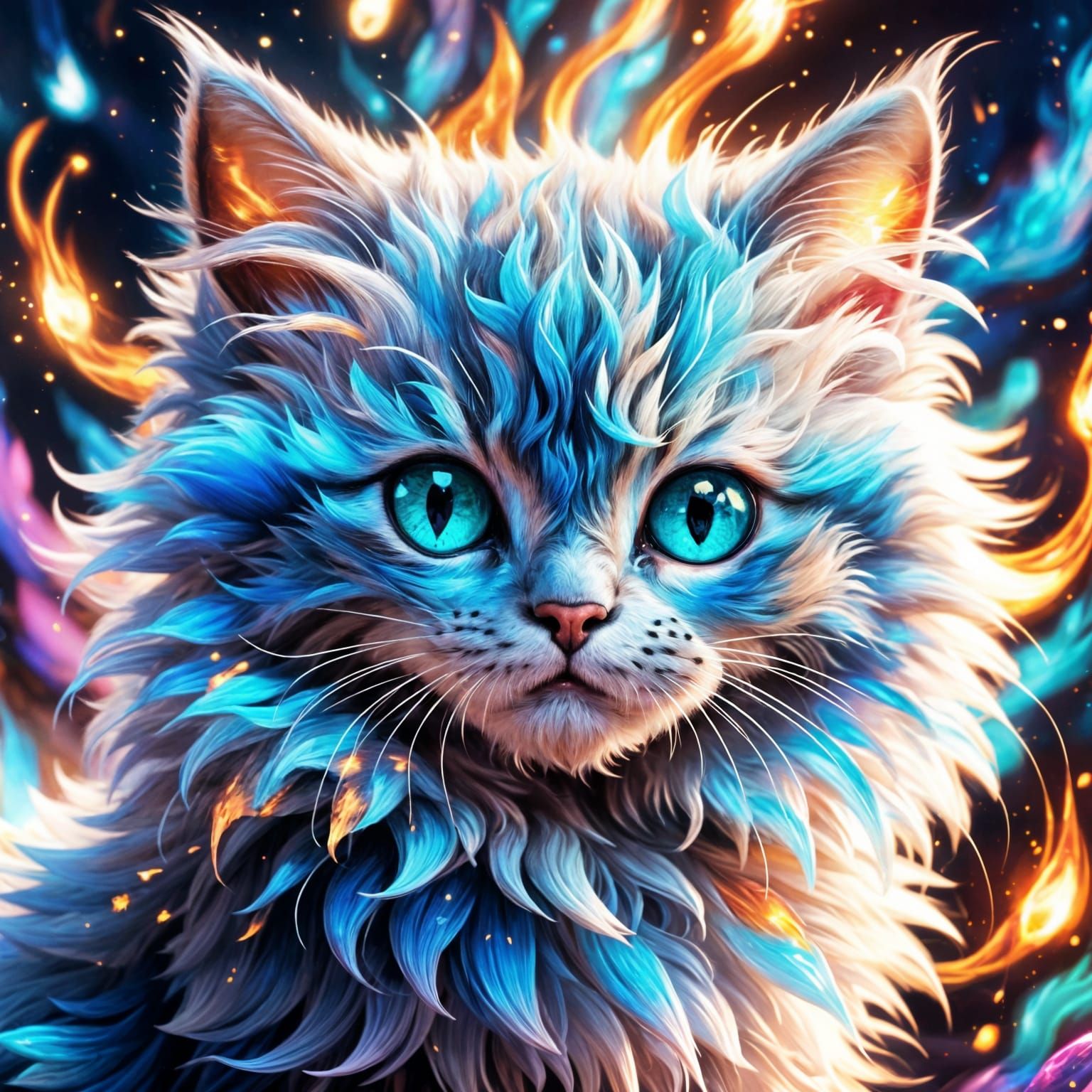 Magical Furry Kitten with Blue Eyes, Digital Painting
