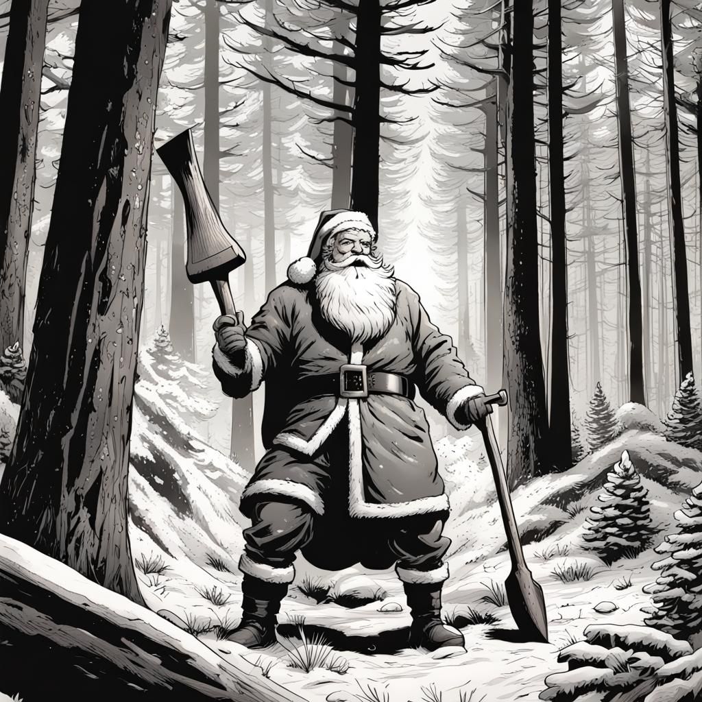 Santa Claus with Axe in Pine Forest: Comic Book Art