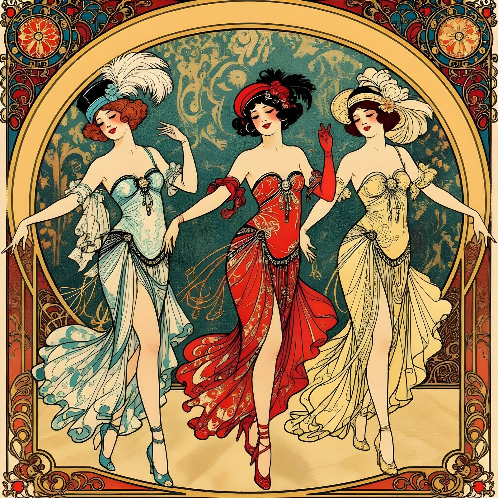 Colorful Parisian Cabaret Scene with Can-Can Dancers