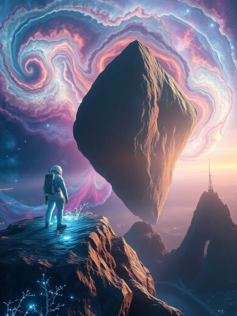 Astronaut Gazes at Nebula from Crystalline Asteroid