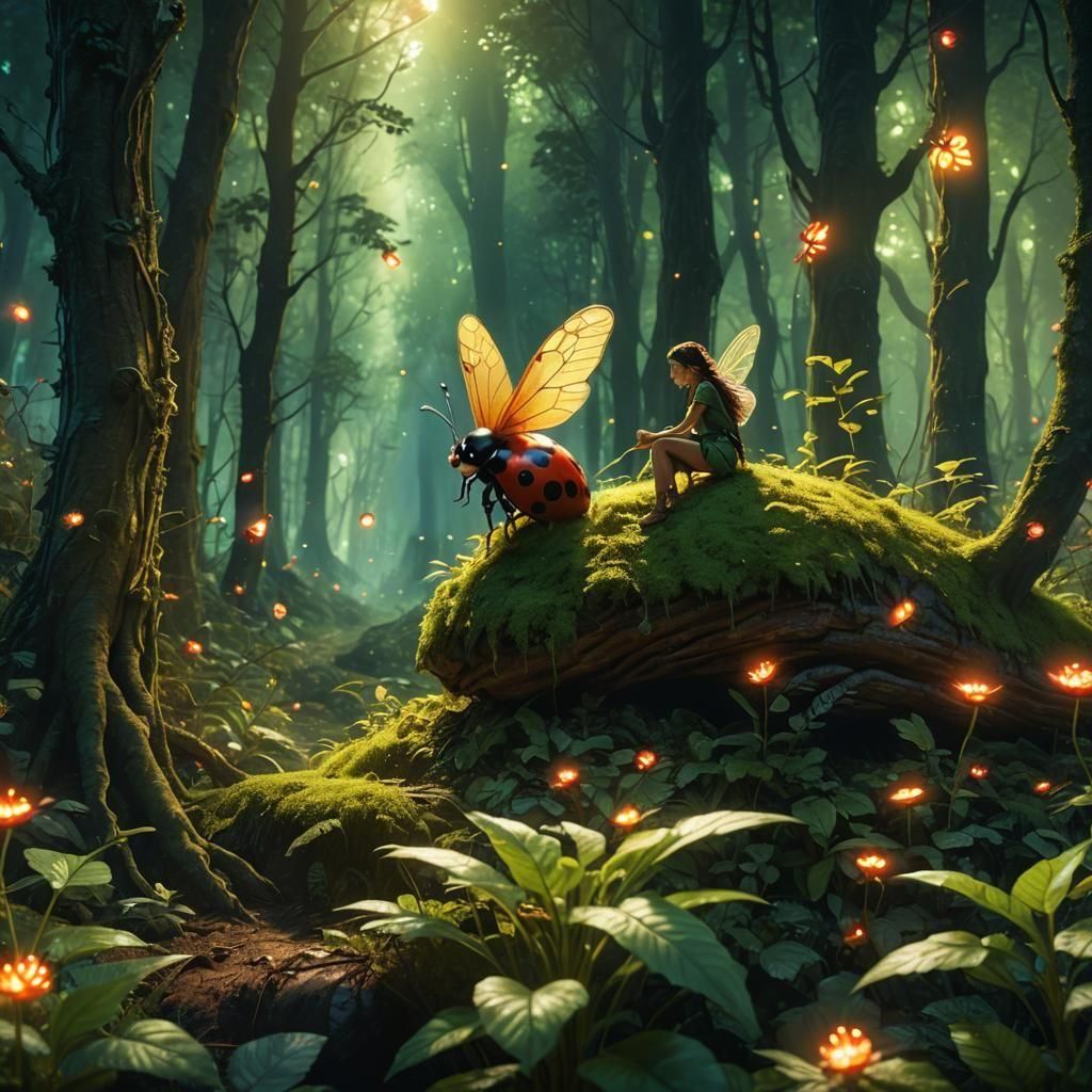 Fairy Riding Ladybug in Enchanted Forest