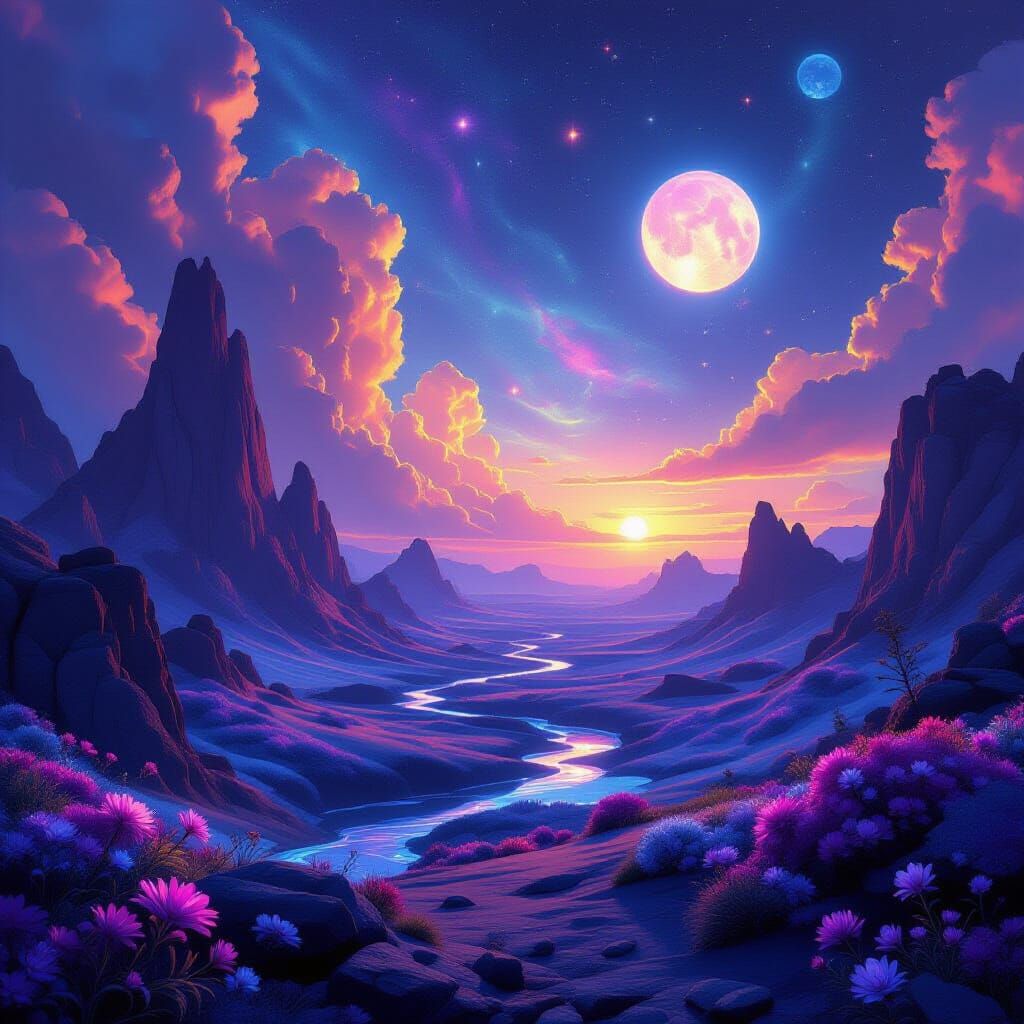 Cosmic Landscape with Dual Suns and Nebulae