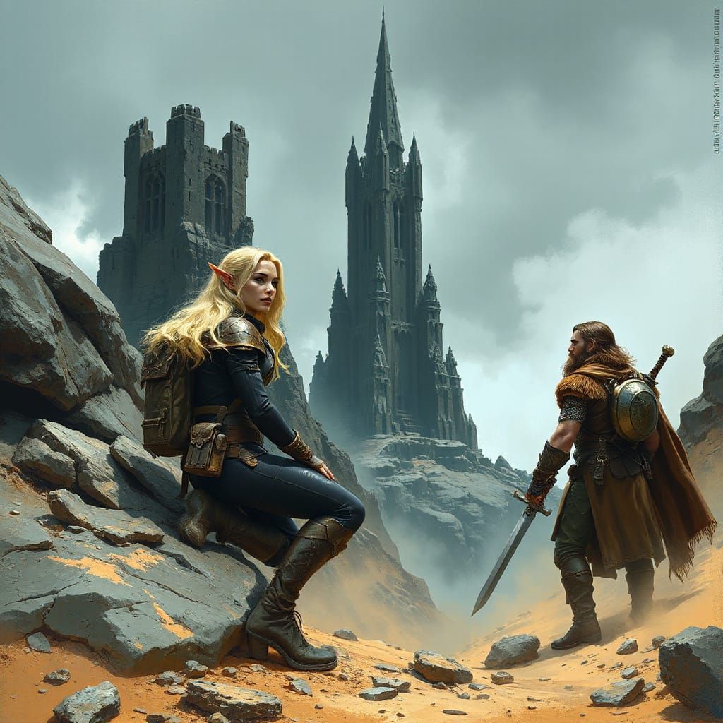 Elf and Warrior Gaze at Dark Tower