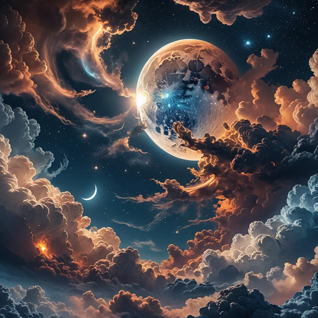 Glowing Moon Surrounded by Vibrant Clouds