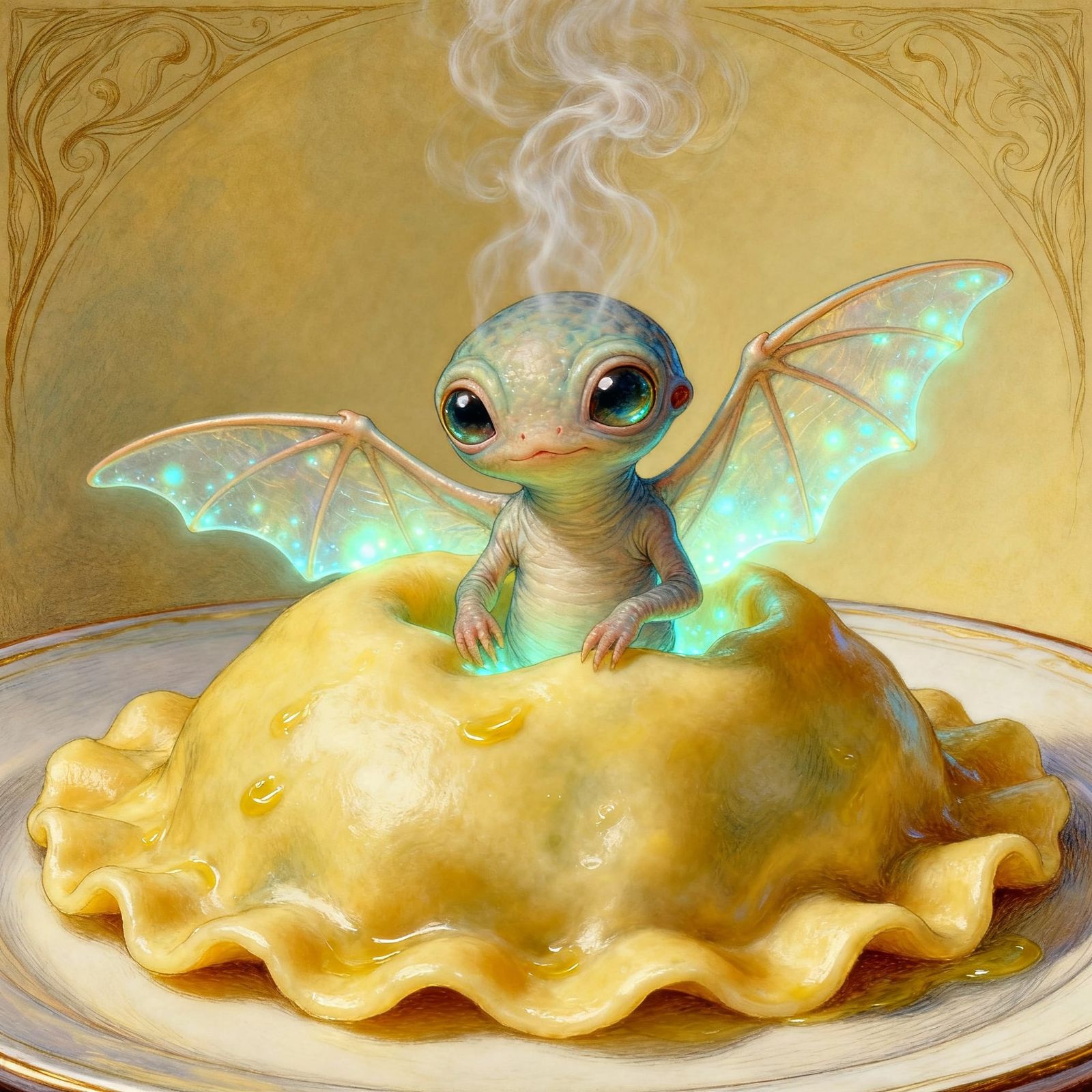 Whimsical Alien Stingray in Giant Ravioli