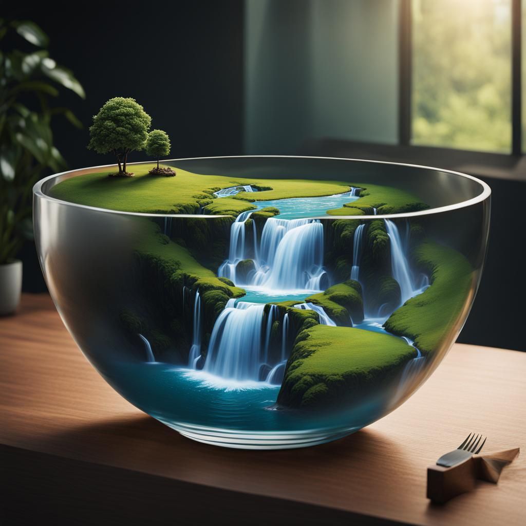 Art of Illusion, landscape with a waterfall in a big bowl