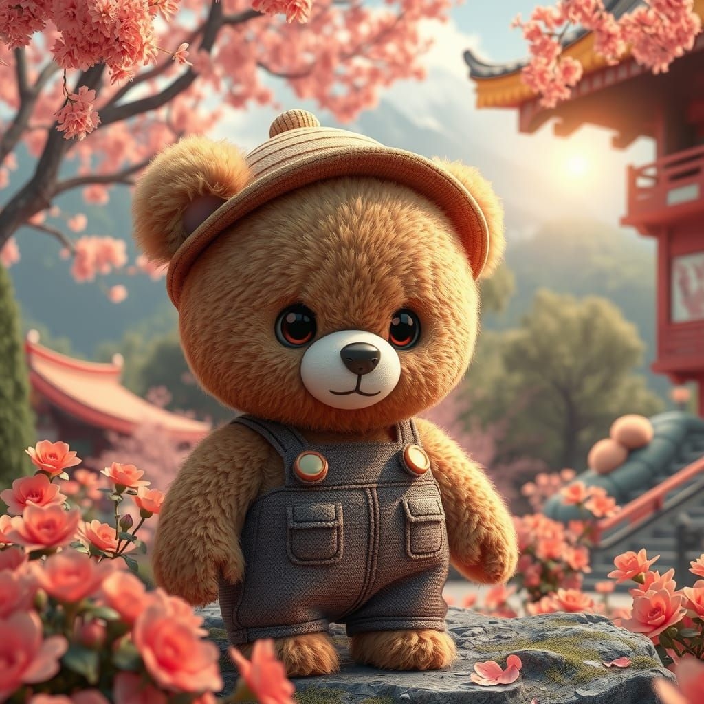 Chibi Teddy Bear in Asian Garden, Ukiyo-e Style