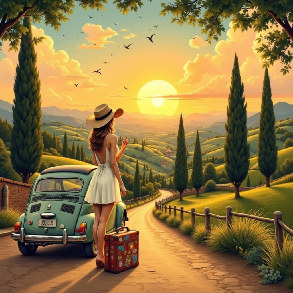 Romantic Tuscan Sunset with Vintage Fiat 500