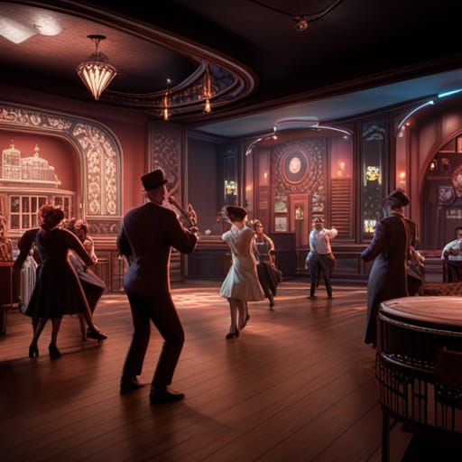 1940s Cafe Scene with Dancing and Swing Band