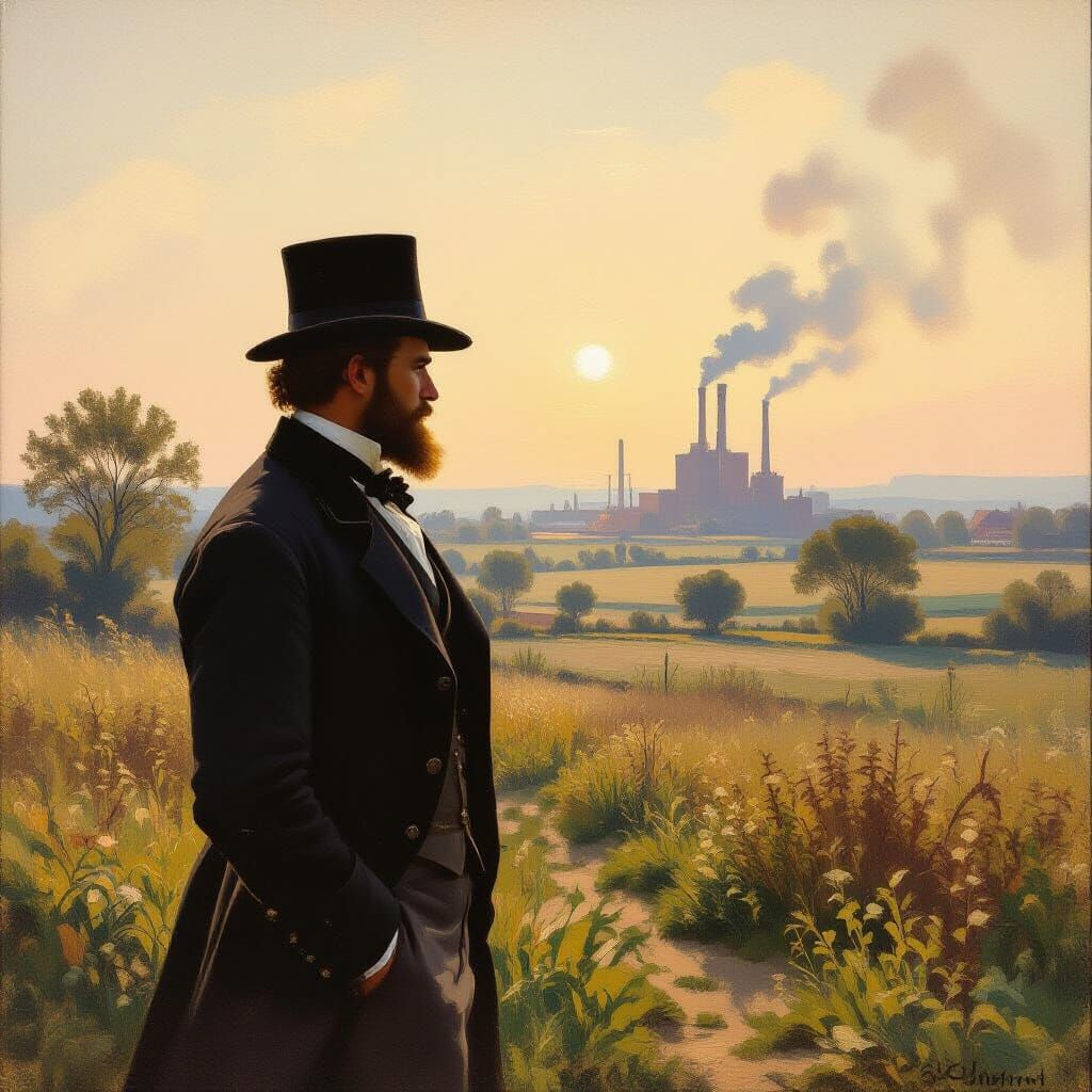 19th Century British Man Observes Distant Factory in Impress...