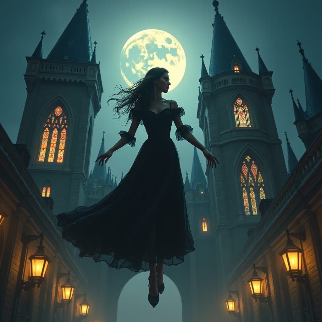 Girl Levitates Before Gothic Castle at Night