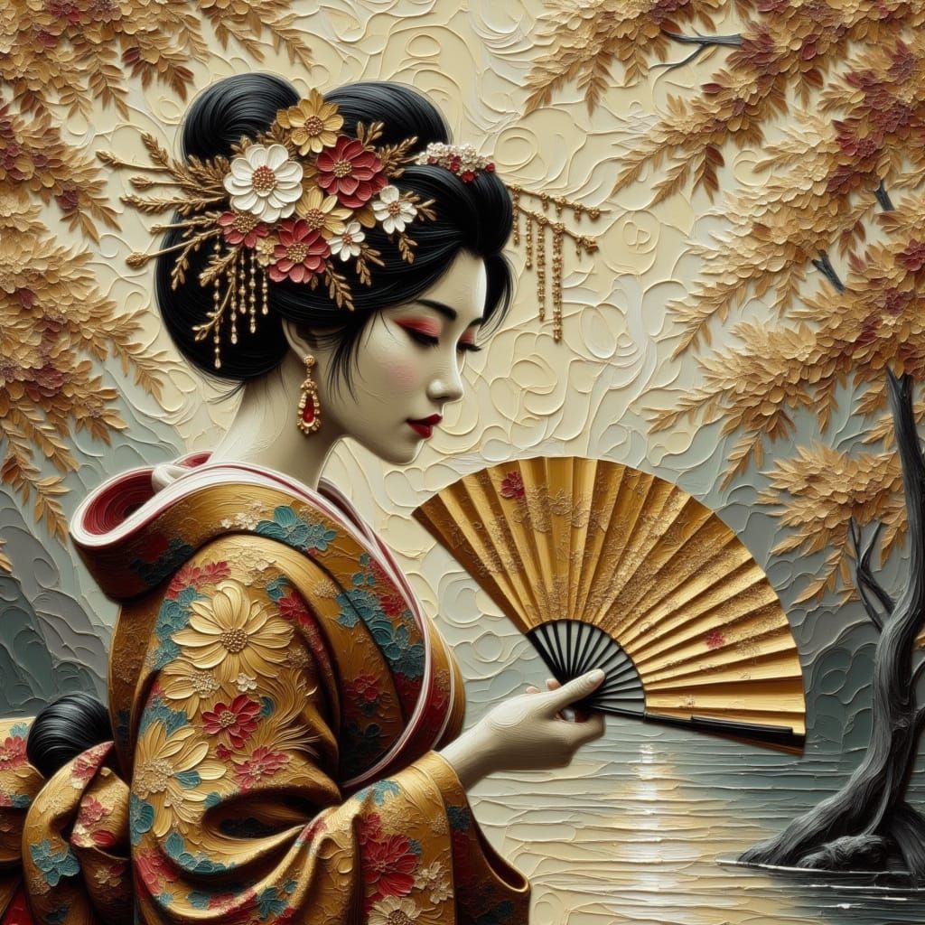 Japanese Princess in Autumn Forest, Sumi-e Style