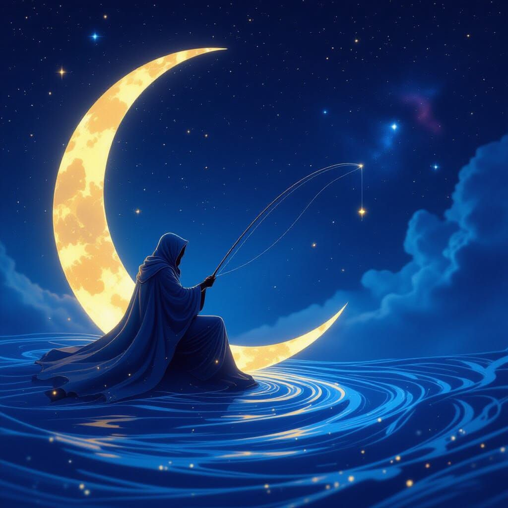 Celestial Fisherman on Moon, Casting Line into Star Sea