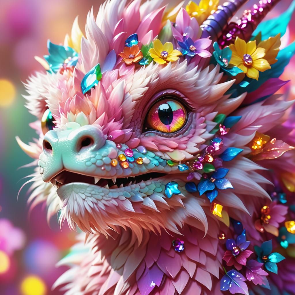 Pink Dragon with Gems and Flowers in Hyperrealistic Style