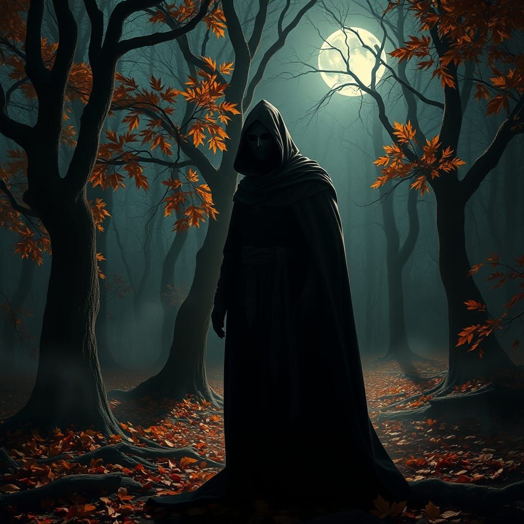 Dark Masked Figure in Moonlit Autumn Forest