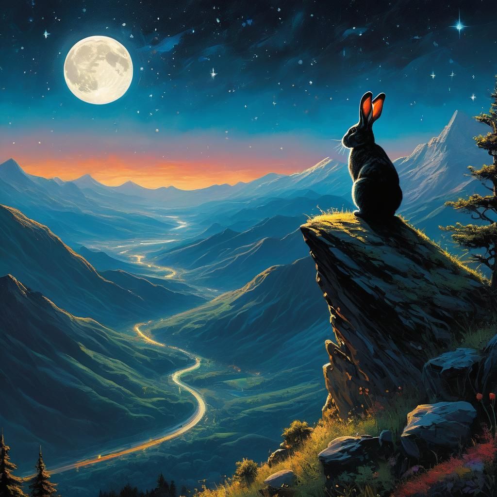 Anthropomorphic Bunny Observes Starry Night: Oil Painting