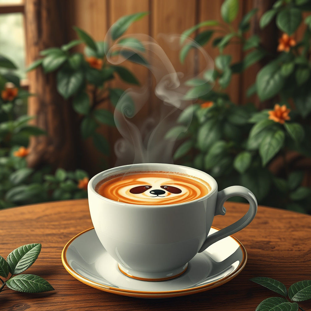 Panda Milk Art in Steaming Coffee Cup