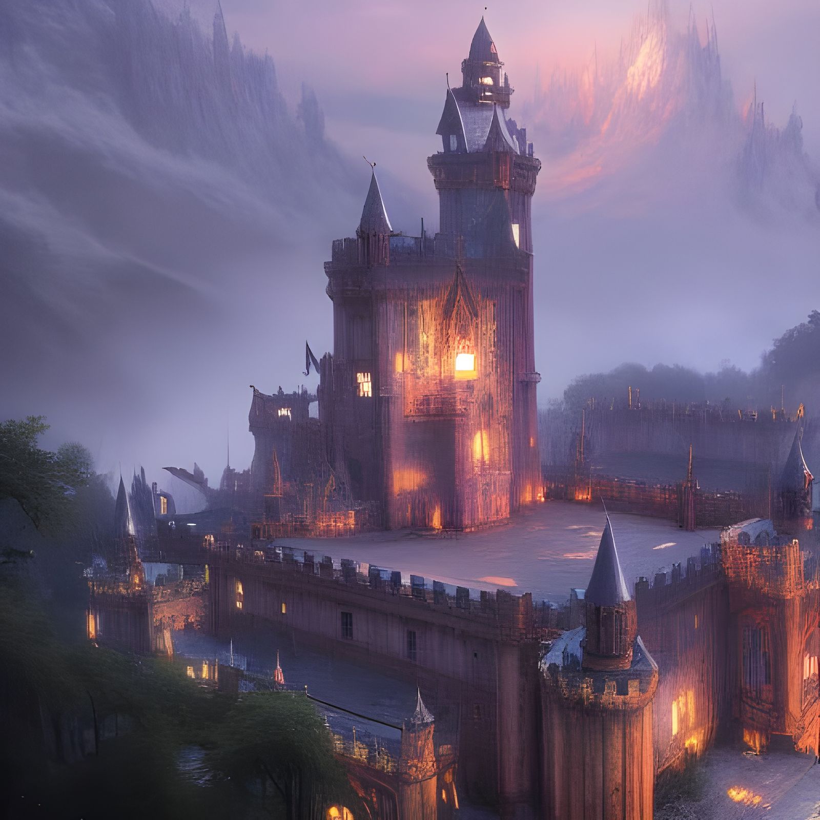 Fantasy Castle Aerial View in Art Nouveau Style