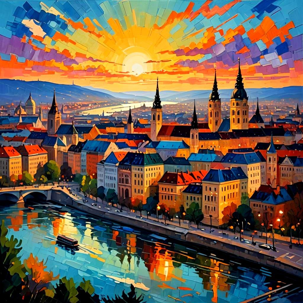 Budapest Gouache Painting with Thick Brushstrokes
