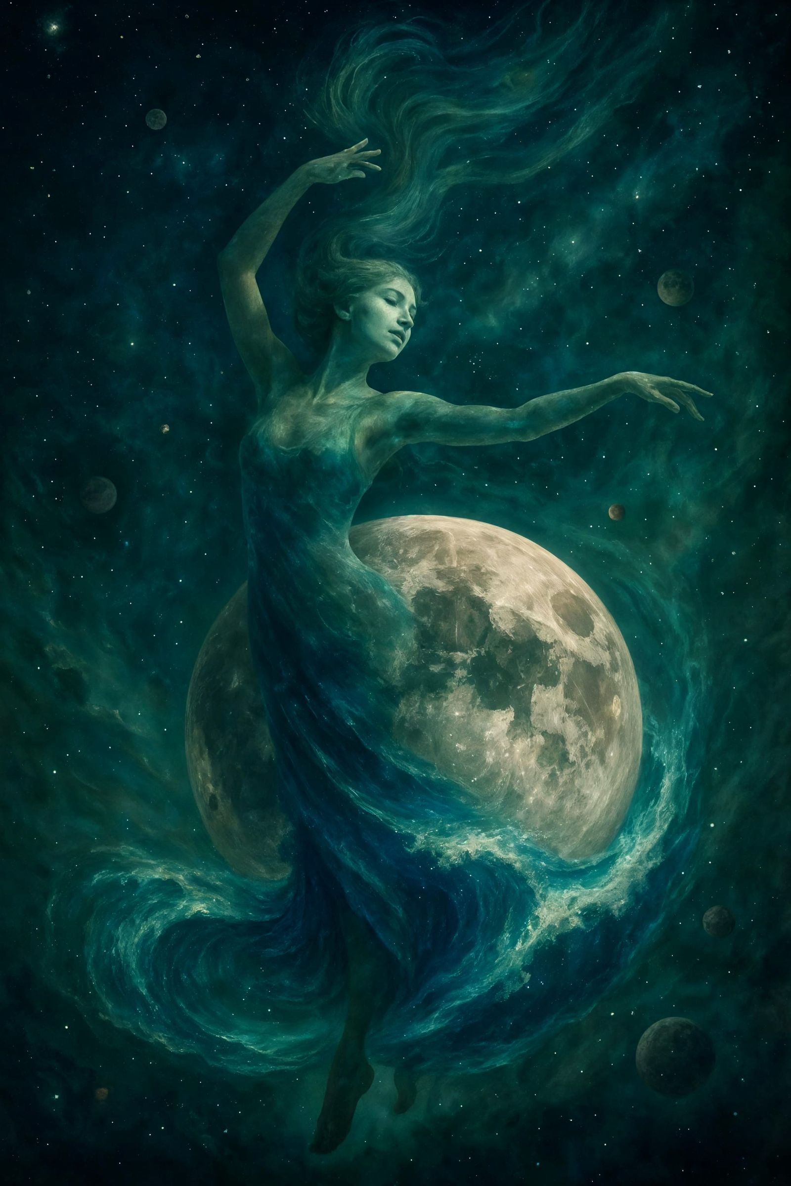 Celestial Gaia Dances with Moon in Double Exposure