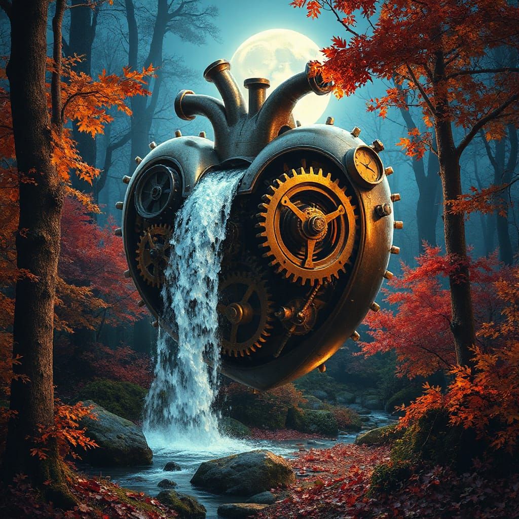 Steampunk Heart Mechanism Waterfall in Autumn Forest