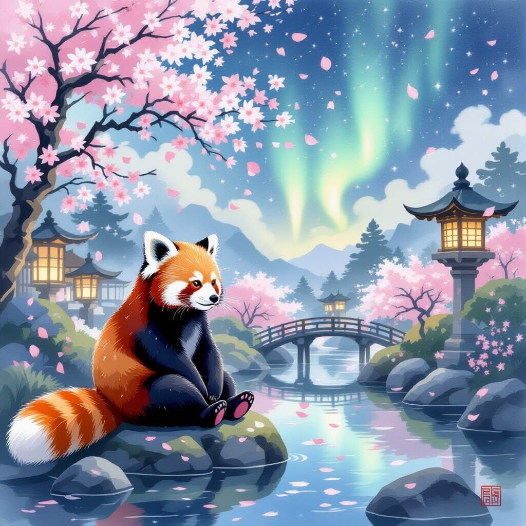 Red Panda in Japanese Garden Under Aurora: Watercolor Style