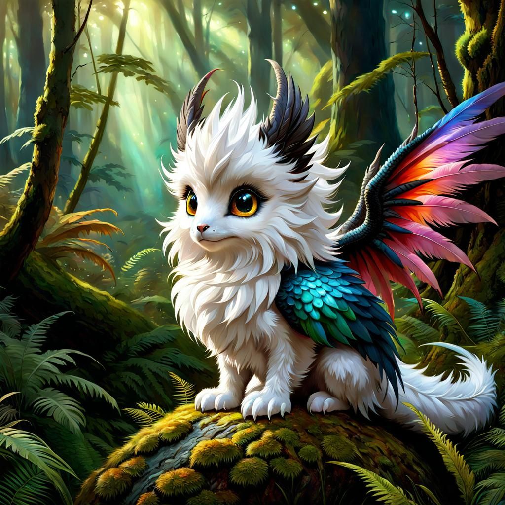 Fluffy Feathered Dragon in Enchanted Forest