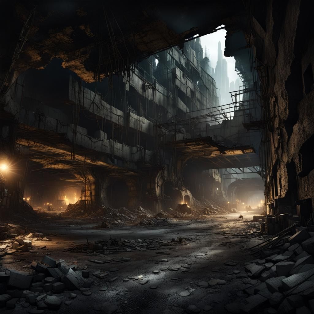 Post-Apocalyptic Underground City in Dark Cave