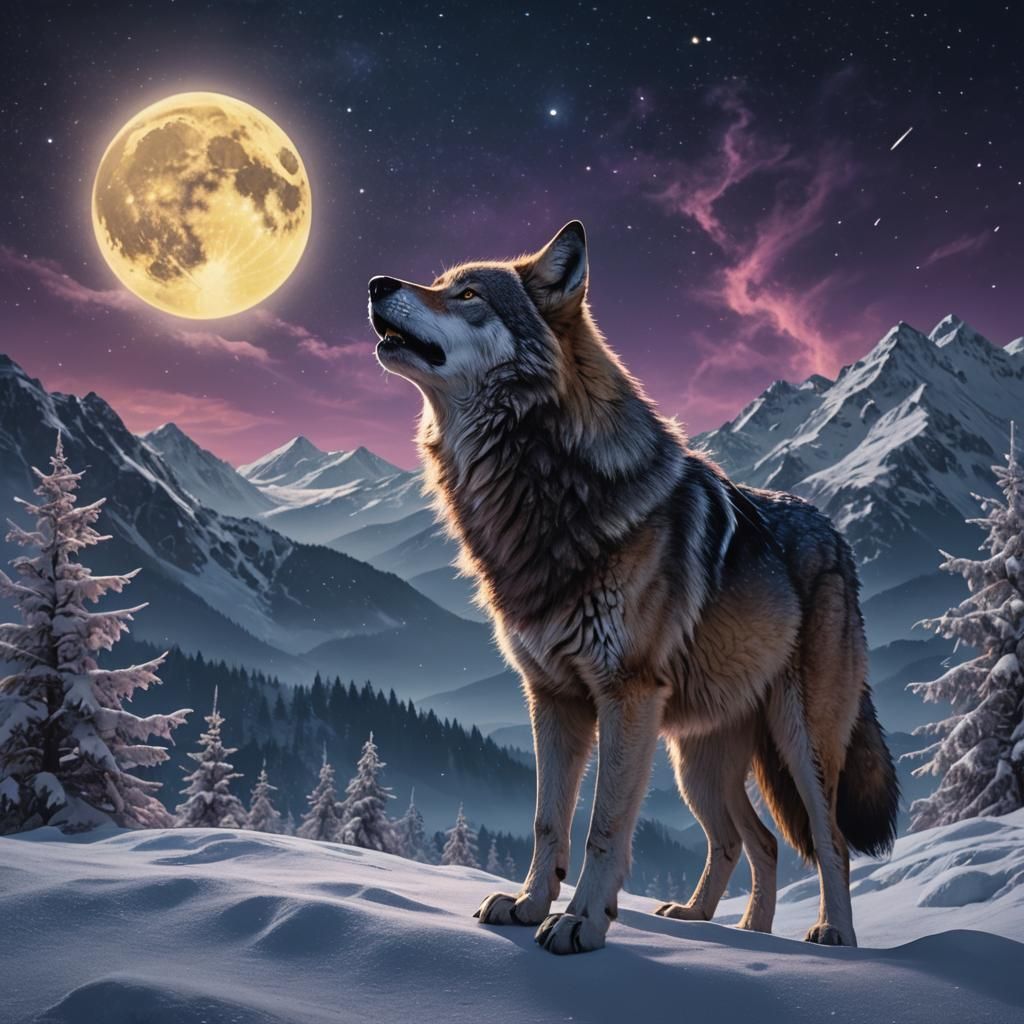 Wolf Howling at Moon in Snowy Landscape
