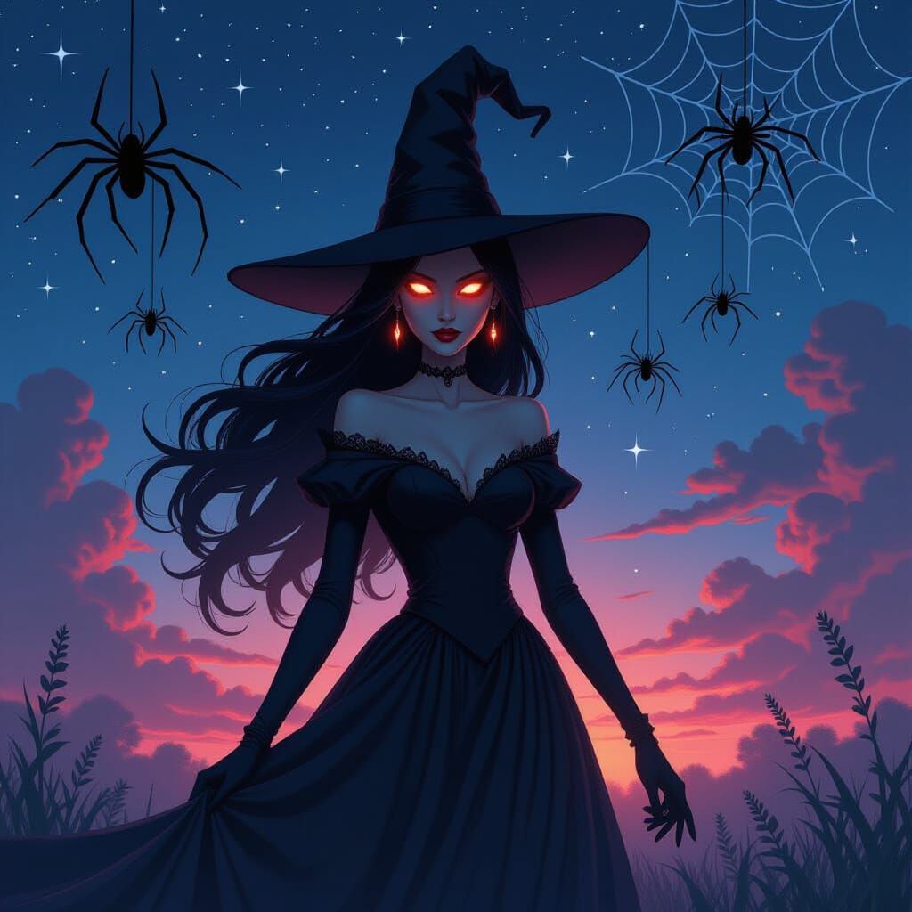 A mesmerizing and dark illustration of a witch silhouette, c...