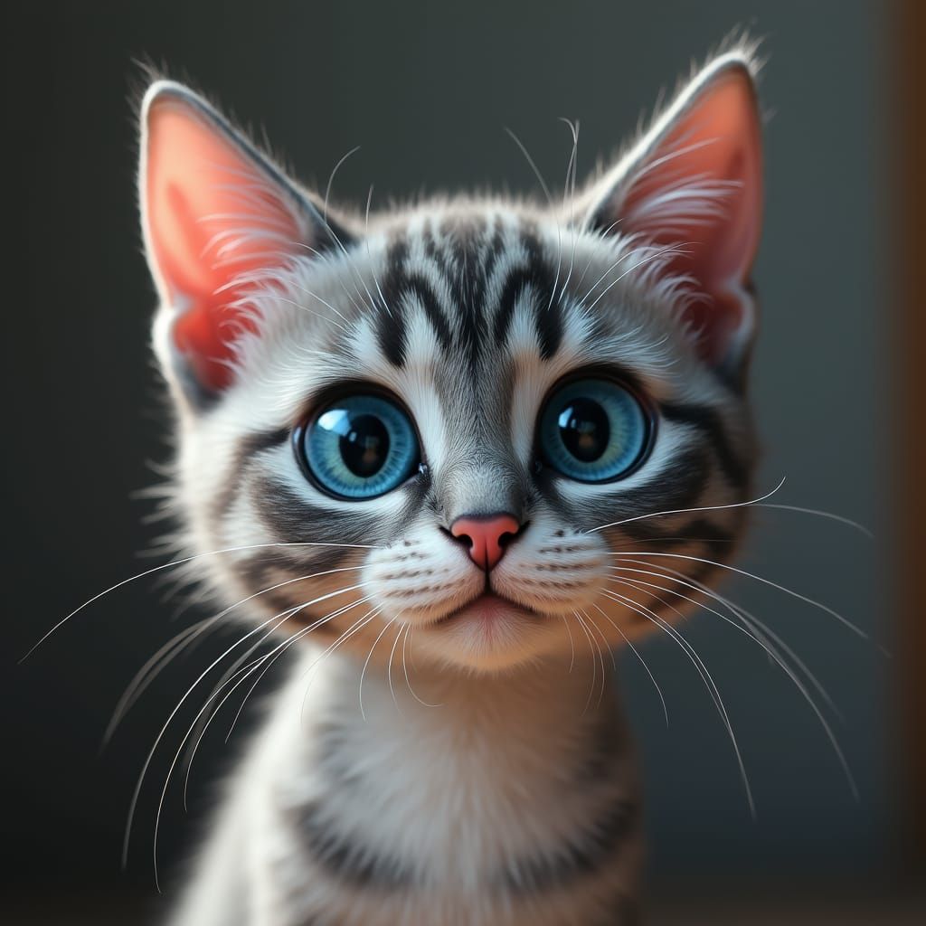 Animated Grey Tabby Cat Portrait with Blue Eyes