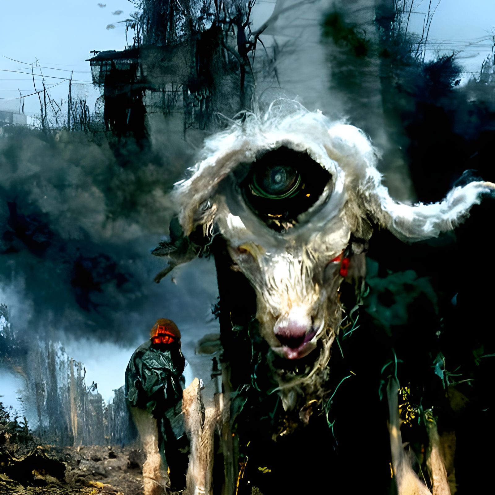 Post-Apocalyptic Horror Goat in Sinister Landscape