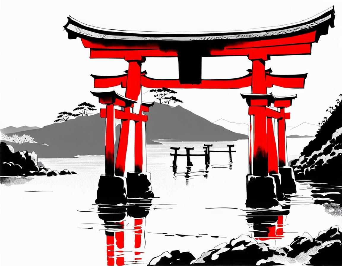 Itsuku Island Torii Gate in Ink